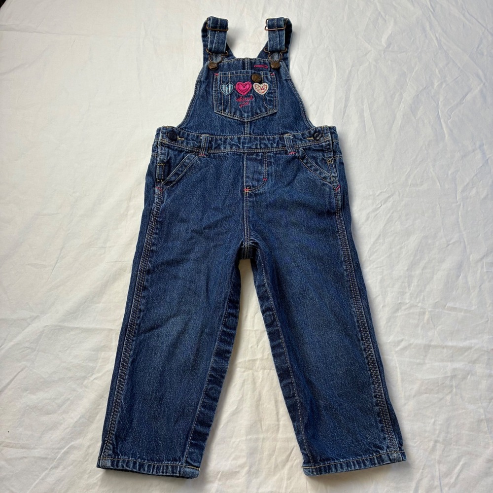 OshKosh Bgosh Girls Blue Denim Heart Embroidered Vestbak Overalls 24 Months